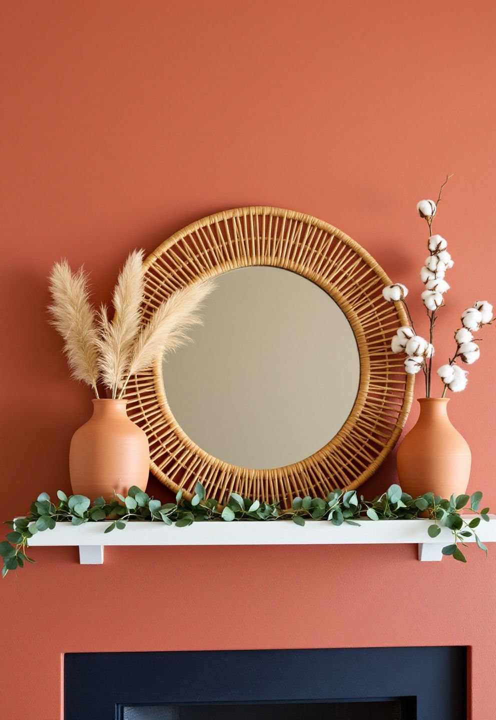 Pampas and Rattan Mirror Mantel: A Boho Thanksgiving Fireplace Look – seasonal — fall seasonal — fall decor · Thanksgiving Mantel Decor: 7 Warm Fireplace Styling Ideas for November