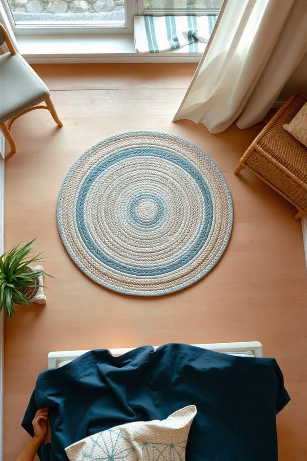 Round Braided Cotton Rug in Faded Ocean Stripe With a Seagrass Mat Offset Beside It – coastal — bedroom coastal — bedroom decor · Boho Coastal Bedroom: 15 Relaxed Layered Designs for the Free-Spirited Decorator