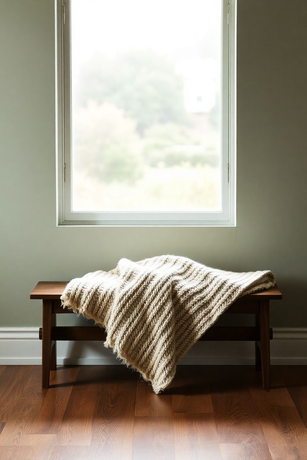 A Chunky Knit Blanket Folded on a Low Walnut Bench by the Window – japandi — living room japandi — living room decor · 18 Cozy Japandi Living Room Ideas That Feel Like a Warm Hug