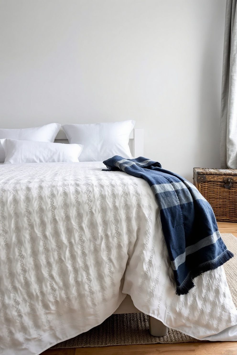Matelassé White Coverlet With a Faded Indigo Quilted Throw at the Foot – coastal — bedroom coastal — bedroom decor · Coastal Cottage Bedroom: 15 Charming Designs Full of Character and Relaxed Beauty