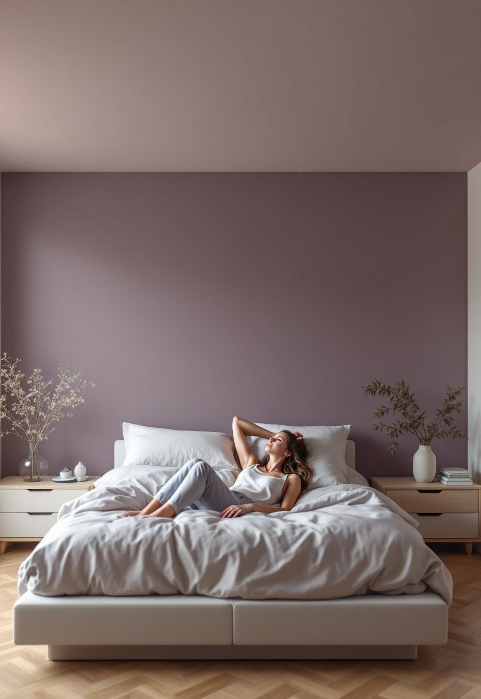 Vertical Color Wrap — Paint One Wall Up Onto the Ceiling in Muted Plum – japandi — bedroom japandi — bedroom decor · 13 Small Japandi Bedroom Ideas That Feel Spacious and Serene