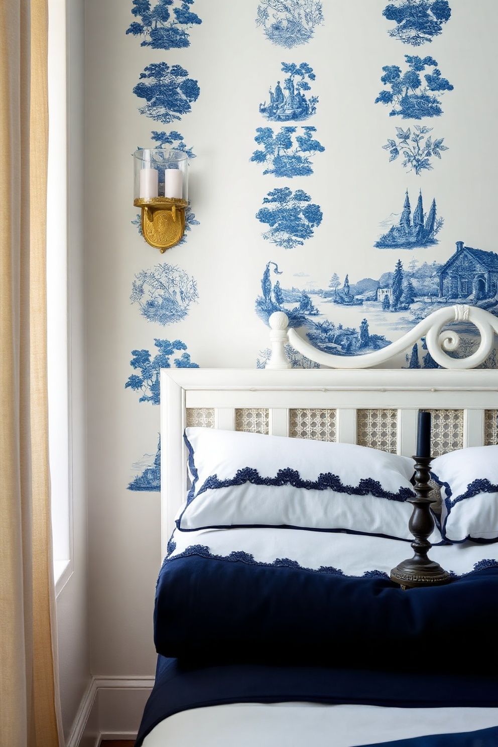 Blue-and-White Toile Wallpaper on a Single Bed-Facing Wall – coastal — bedroom coastal — bedroom decor · Coastal Grandma Bedroom: 14 Timeless Designs Full of Pattern Warmth and Heritage