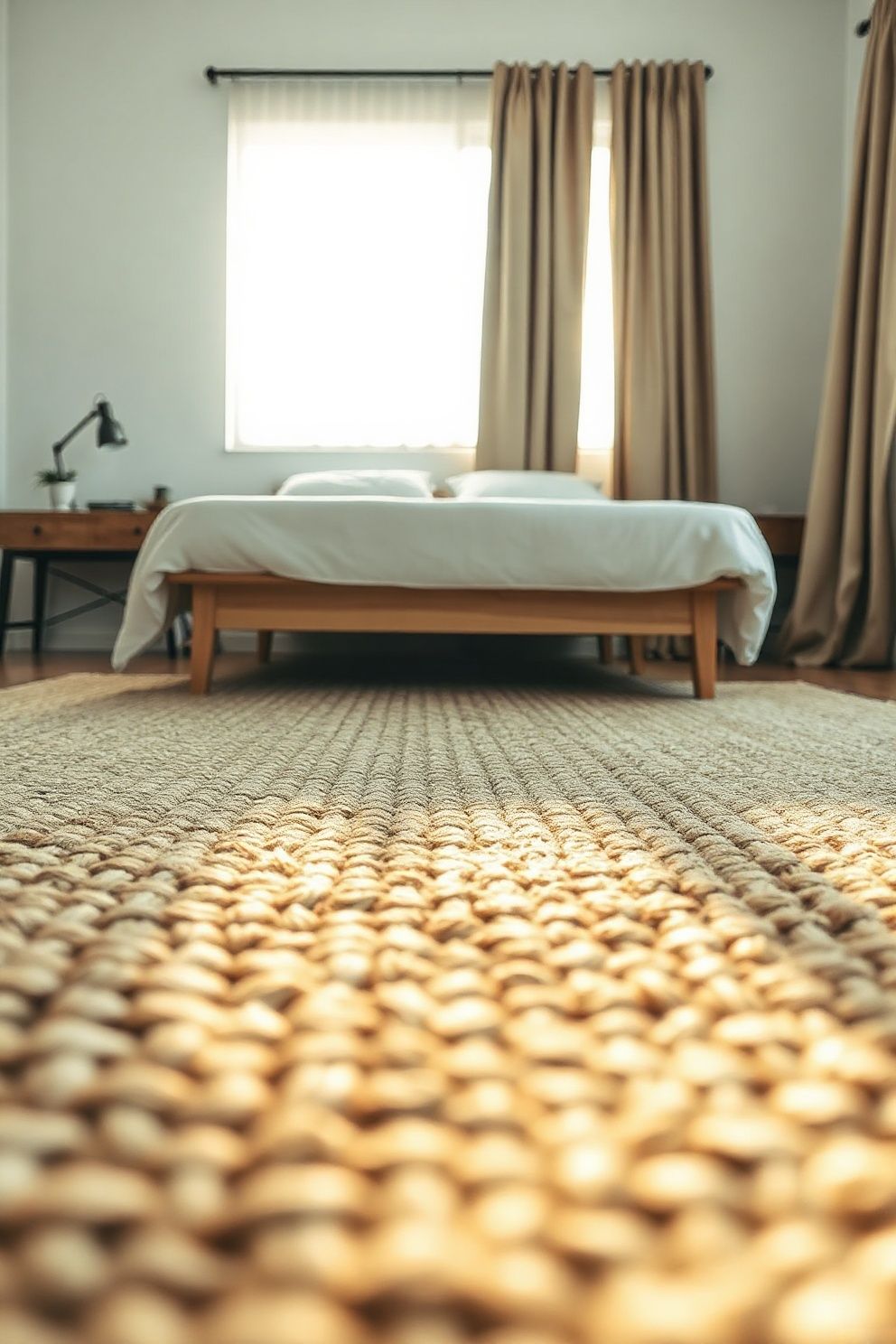 A Chunky Jute Rug That Anchors the Bed Zone – Japandi coastal —-bedroom decor · Coastal Bedroom Ideas: 20 Stunning Designs for a Beautiful Beach-Inspired Space