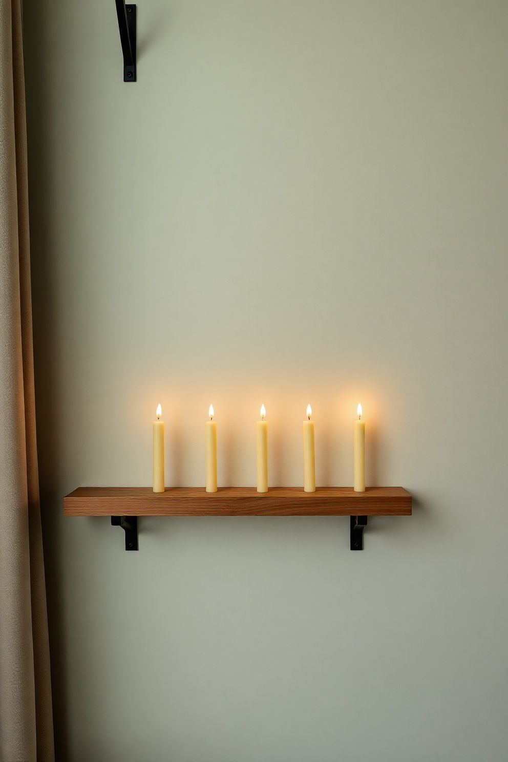A Row of Slim Beeswax Dinner Candles on a Hinoki Wood Ledge – japandi — living room japandi — living room decor · 18 Cozy Japandi Living Room Ideas That Feel Like a Warm Hug