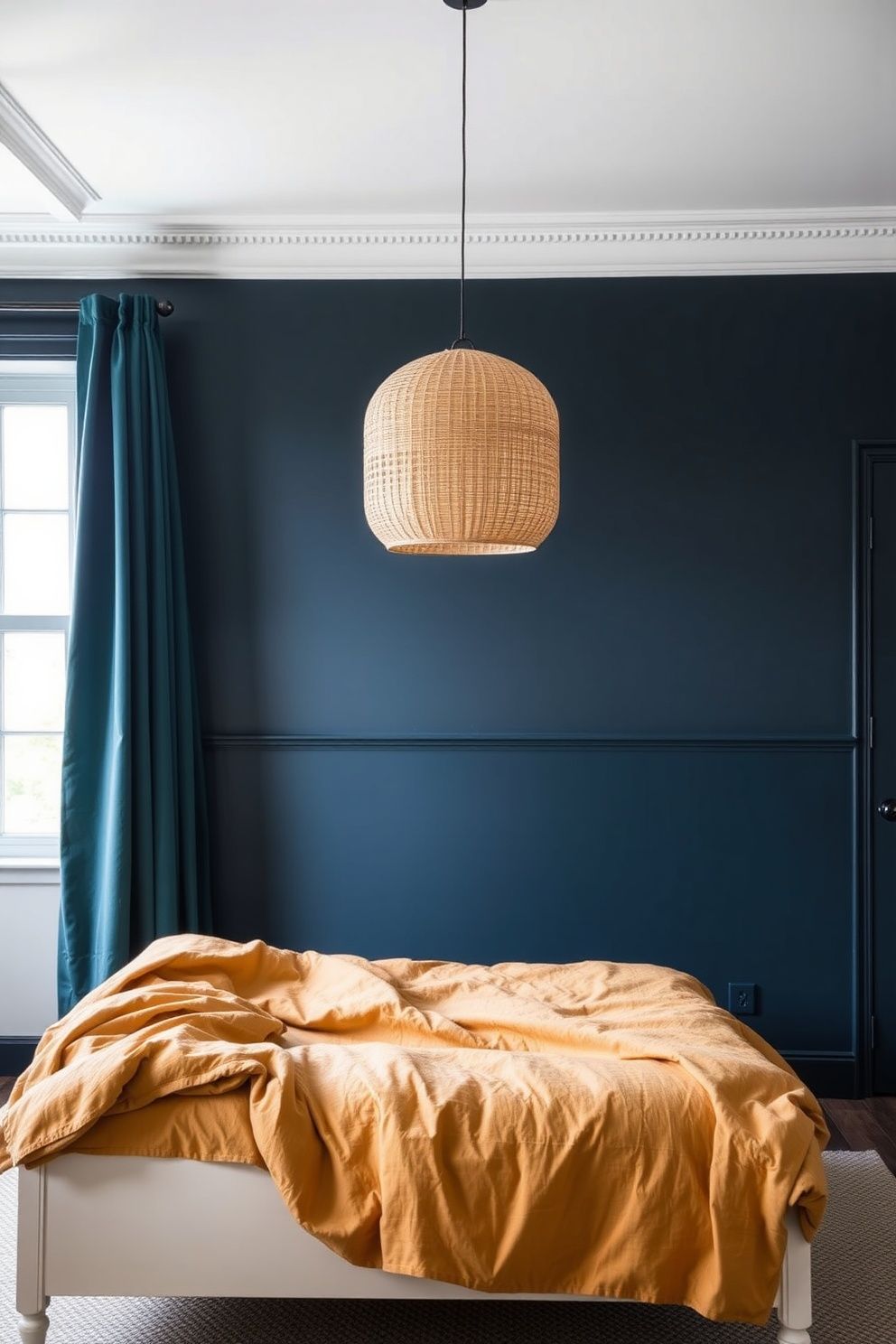 Inky Midnight Blue Half-Wall With Warm Ochre Linen Bedding and Woven Pendants – coastal — bedroom coastal — bedroom decor · Aesthetic Coastal Bedroom: 15 Pinterest-Perfect Designs That Stop the Scroll