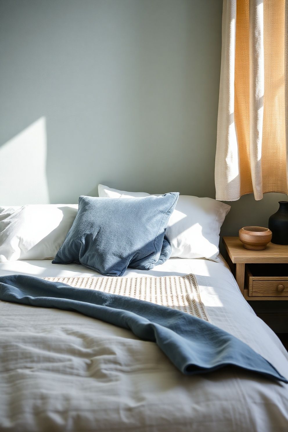 Steely Blue Velvet Throw Over a White Waffle Coverlet