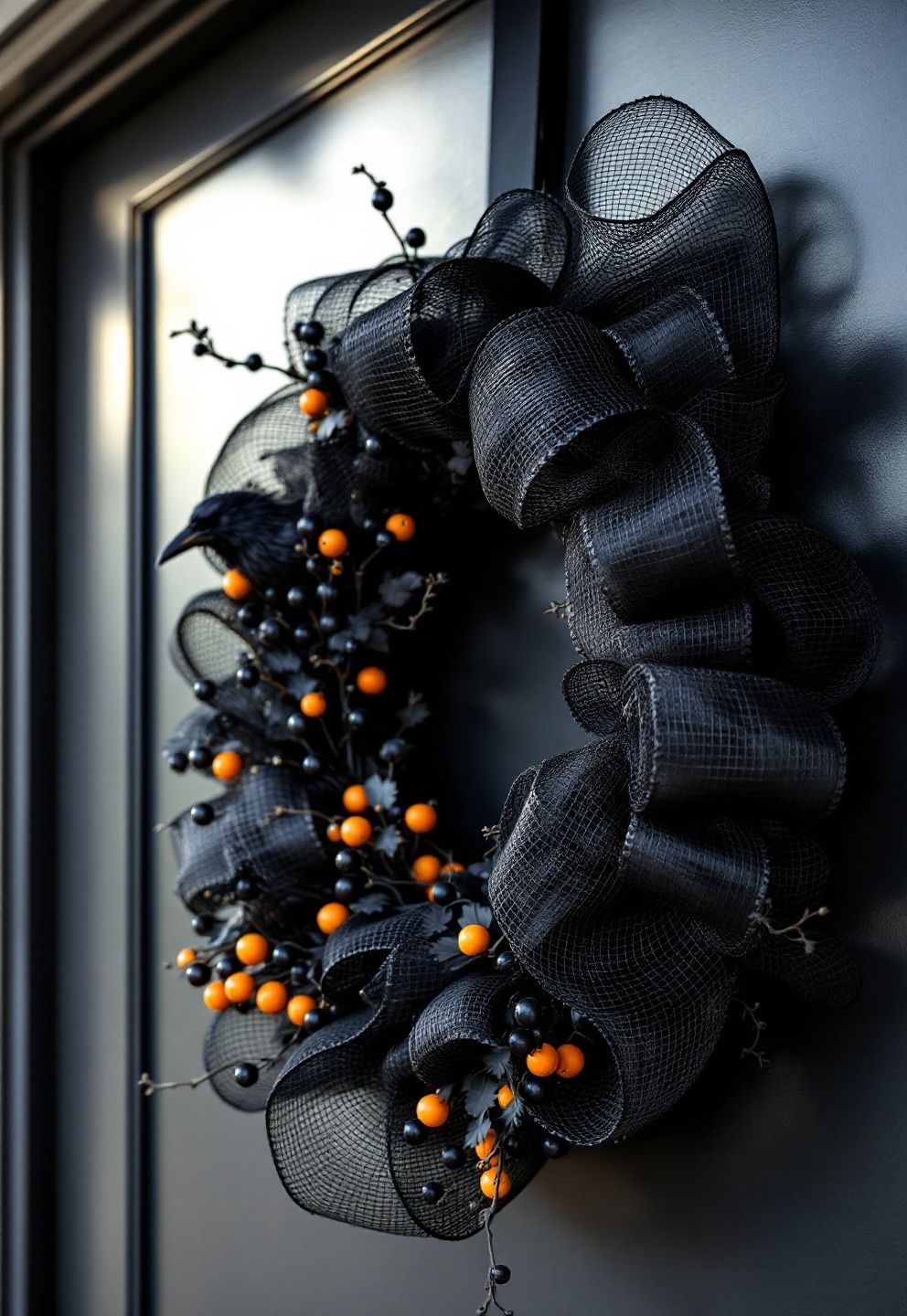 DIY Halloween Wreath Built From Black Mesh, Berries, and Faux Crows – seasonal — spring + other seasonal — spring + other decor · Halloween Porch Decor: 16 Dramatic Outdoor Designs That Wow the Whole Street