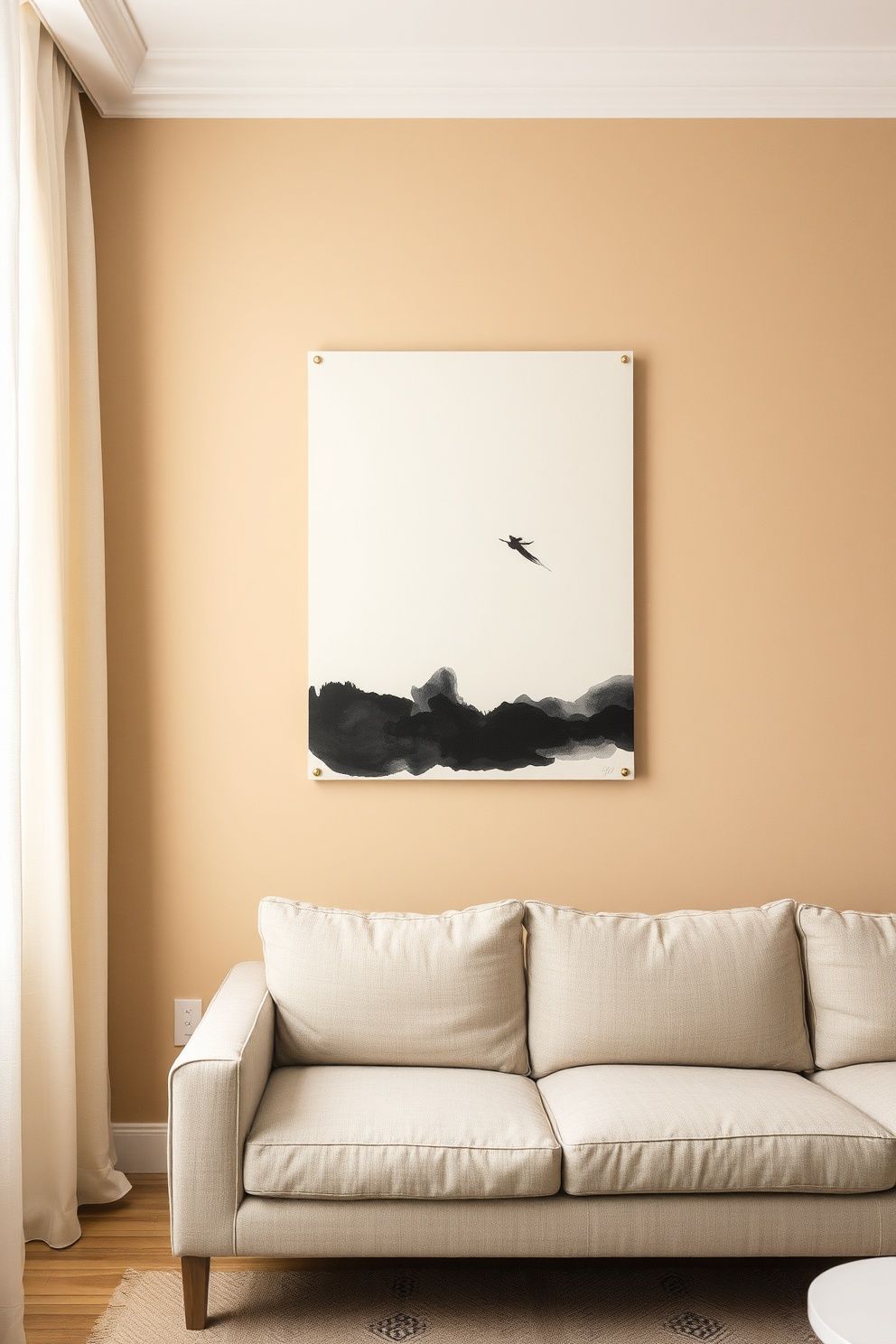 One Unframed Ink-Wash Panel Pinned at Seated Eye Level — Not Standing Eye Level – japandi — living room japandi — living room decor · 12 Small Japandi Living Room Ideas That Make Any Space Feel Bigger