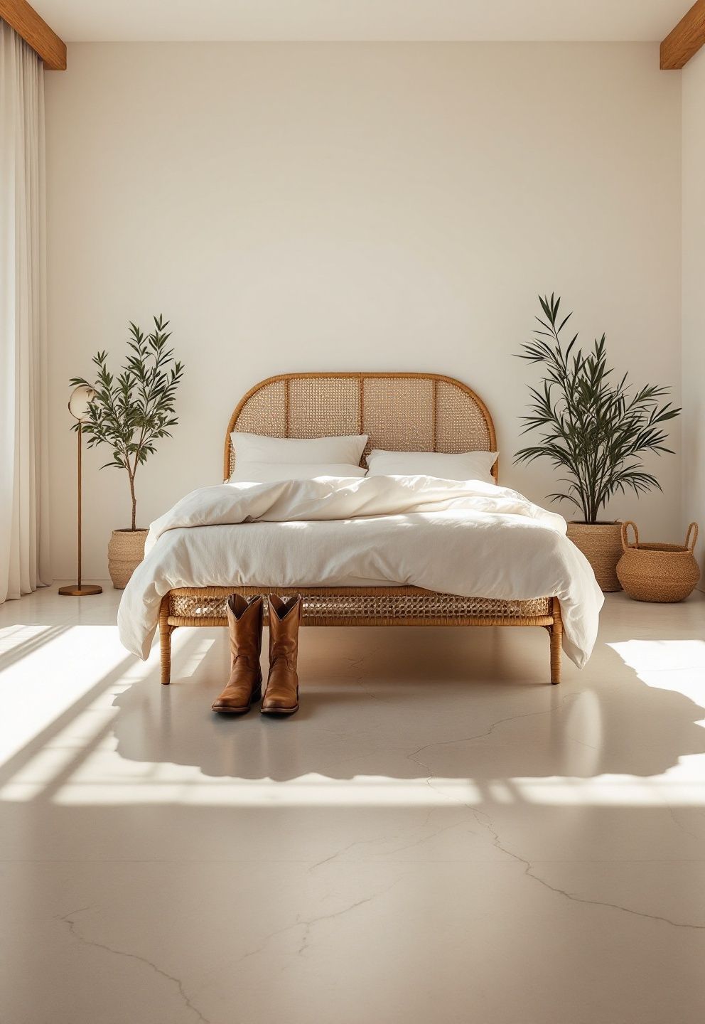 White-Painted Concrete Floor, Rattan Bed, Worn Leather Boots as Decor – coastal — bedroom coastal — bedroom decor · Coastal Cowgirl Bedroom: 14 Western-Meets-Beach Designs That Define the New Trend