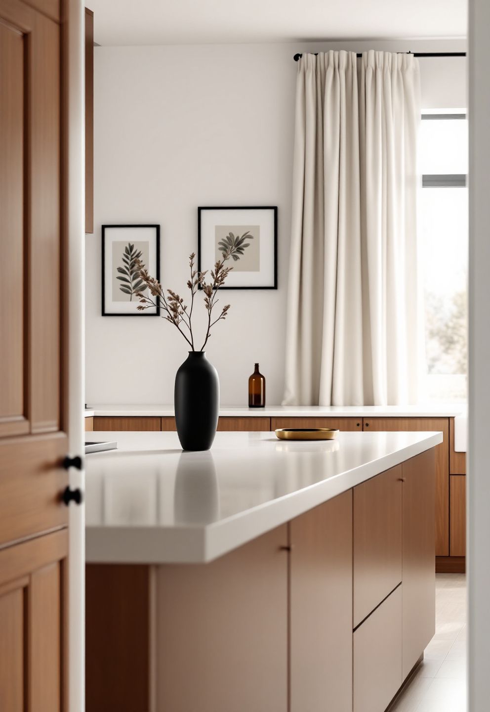Cream Countertop and Black Accents Against Brown Cabinets – seasonal — fall seasonal — fall decor · Fall Kitchen Decor Ideas: 14 Warm Autumn Touches That Make Cooking Feel Seasonal