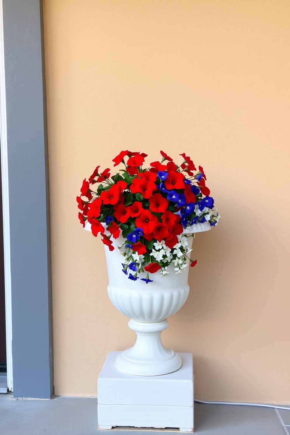 White Urn Planter With Red Petunias and Blue Lobelia Trailing Over Edges – seasonal — spring + other seasonal — spring + other decor · 4th of July Porch Decor: 14 Festive Front Door Designs for Independence Day