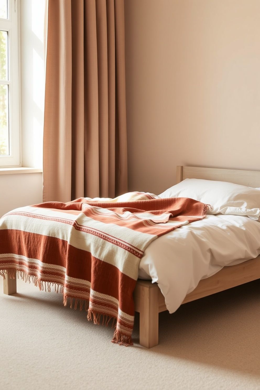 Hand-Loomed Stripe Blanket in Rust Ochre and Sea Salt Folded Over Linen – coastal — bedroom coastal — bedroom decor · Boho Coastal Bedroom: 15 Relaxed Layered Designs for the Free-Spirited Decorator
