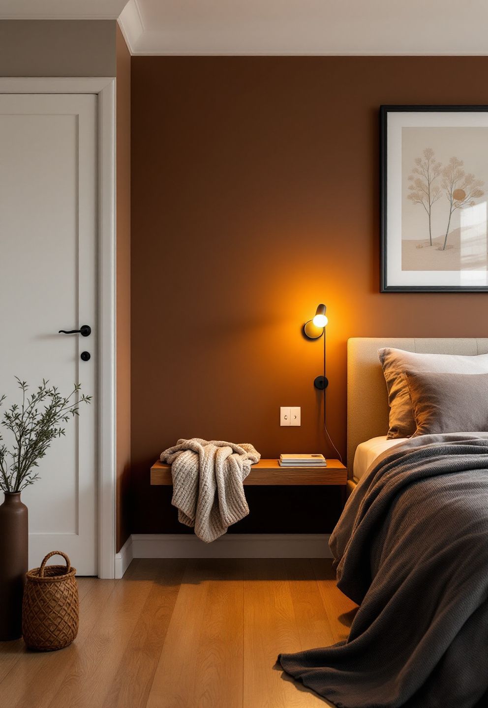 One Warm Wood or Wool Anchor Near the Light Source in a Dim Room on Walnut Brown – japandi — bedroom japandi — bedroom decor · 13 Small Japandi Bedroom Ideas That Feel Spacious and Serene