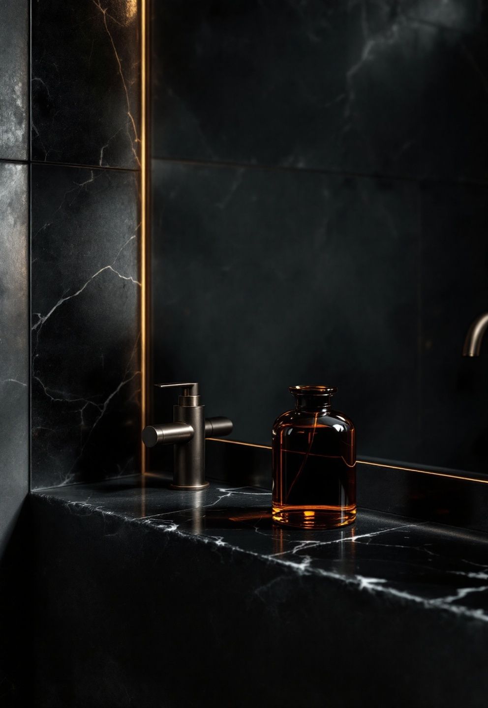 Dark Stone, Brass & Amber Glass: The Whimsigoth Japandi Material Stack – japandi — bathroom japandi — bathroom decor · The Ultimate Japandi Bathroom Guide: Spa Ideas Decor and Styling