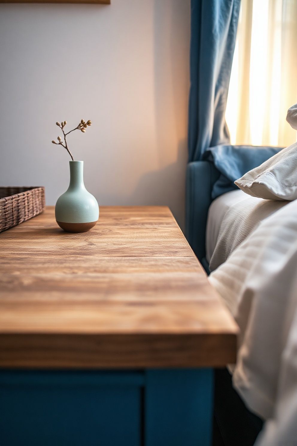 Weathered Teak Nightstand Beside a Blue Linen Bed