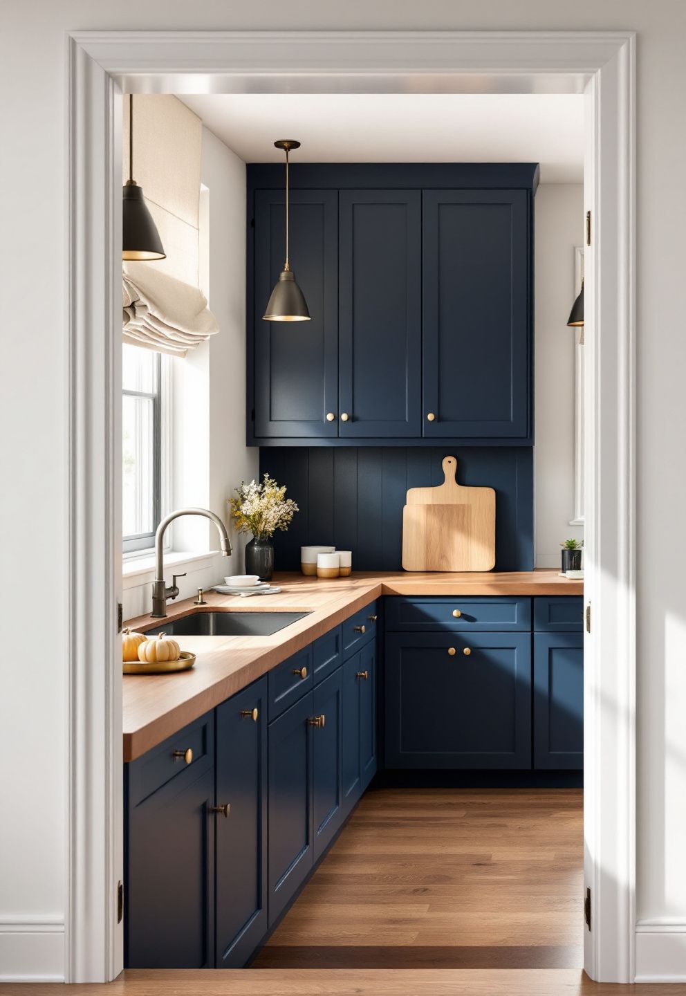 Warm Wood Countertop and Brass Hardware Anchoring Navy Cabinets – seasonal — fall seasonal — fall decor · Fall Kitchen Decor Ideas: 14 Warm Autumn Touches That Make Cooking Feel Seasonal