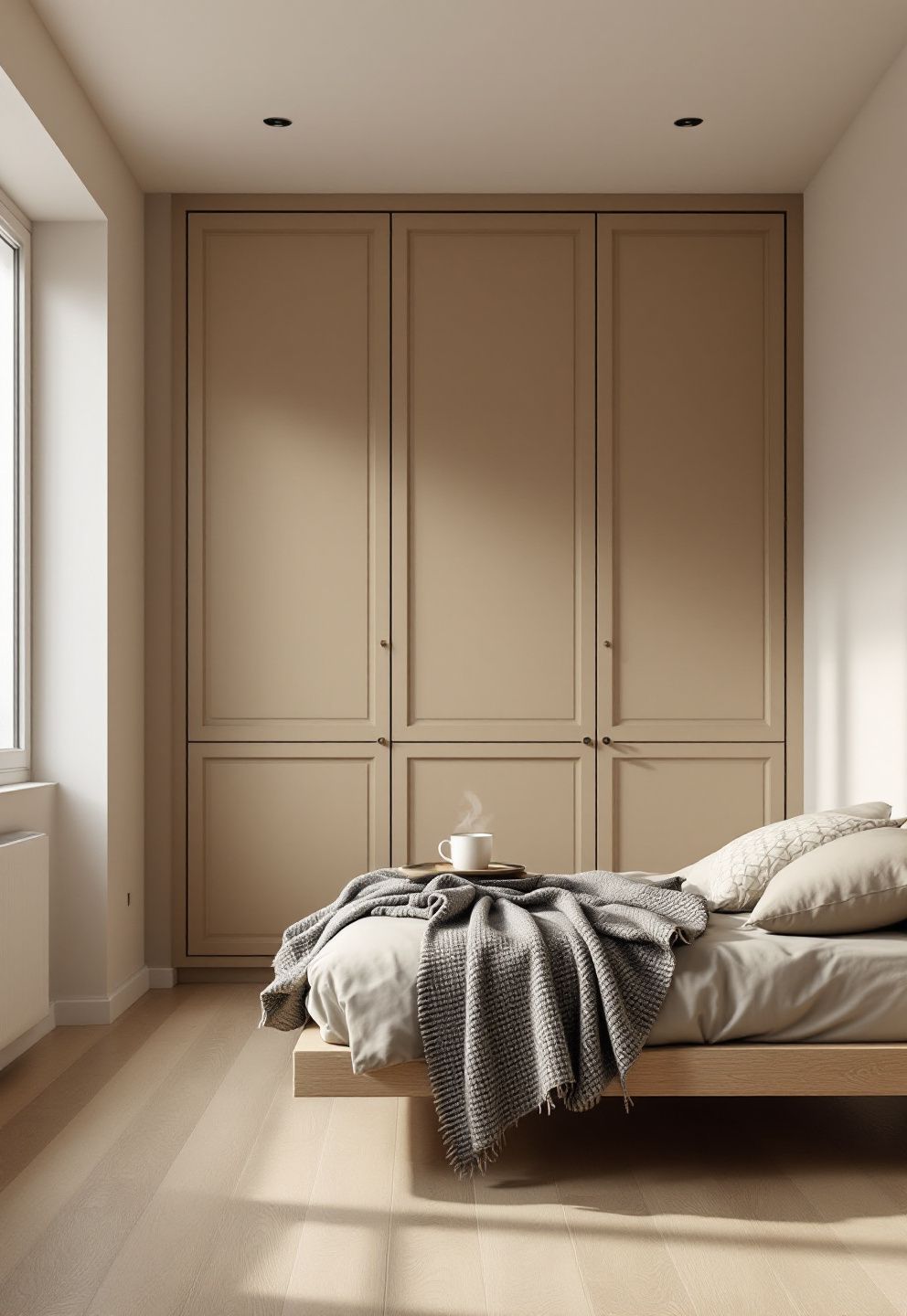 Wardrobe Fronts Painted to Match the Wall Exactly on Warm Oat – japandi — bedroom japandi — bedroom decor · 13 Small Japandi Bedroom Ideas That Feel Spacious and Serene