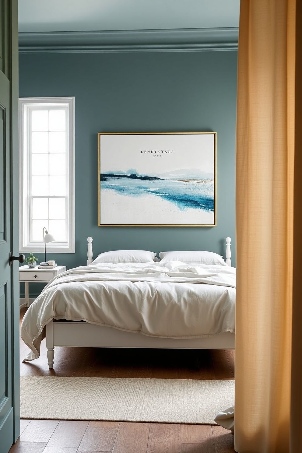 Pale Mineral Limewash Full-Room Wash With Single Oversized Framed Oil-Look Canvas – coastal — bedroom coastal — bedroom decor · Coastal Chic Bedroom: 14 Elegant Designs for a Luxury Beach House Feeling
