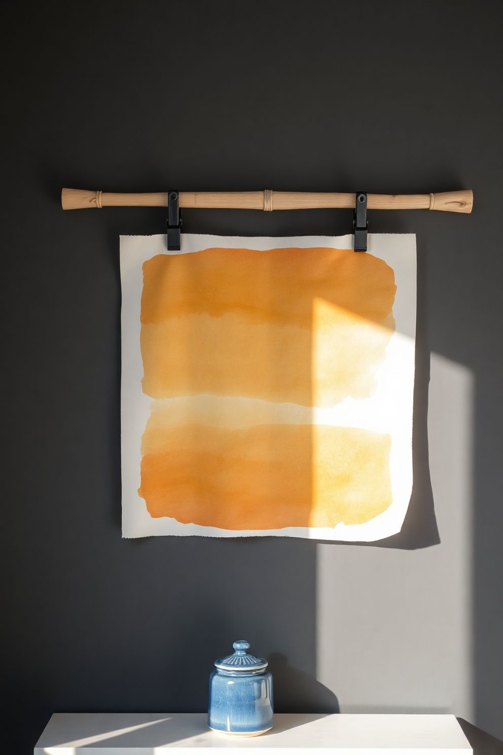 An Unframed Washi Paper Print Hung with Clips – Japandi bedroom decor · 17 Japandi Bedroom Decor Ideas for a Sleep Sanctuary You Deserve