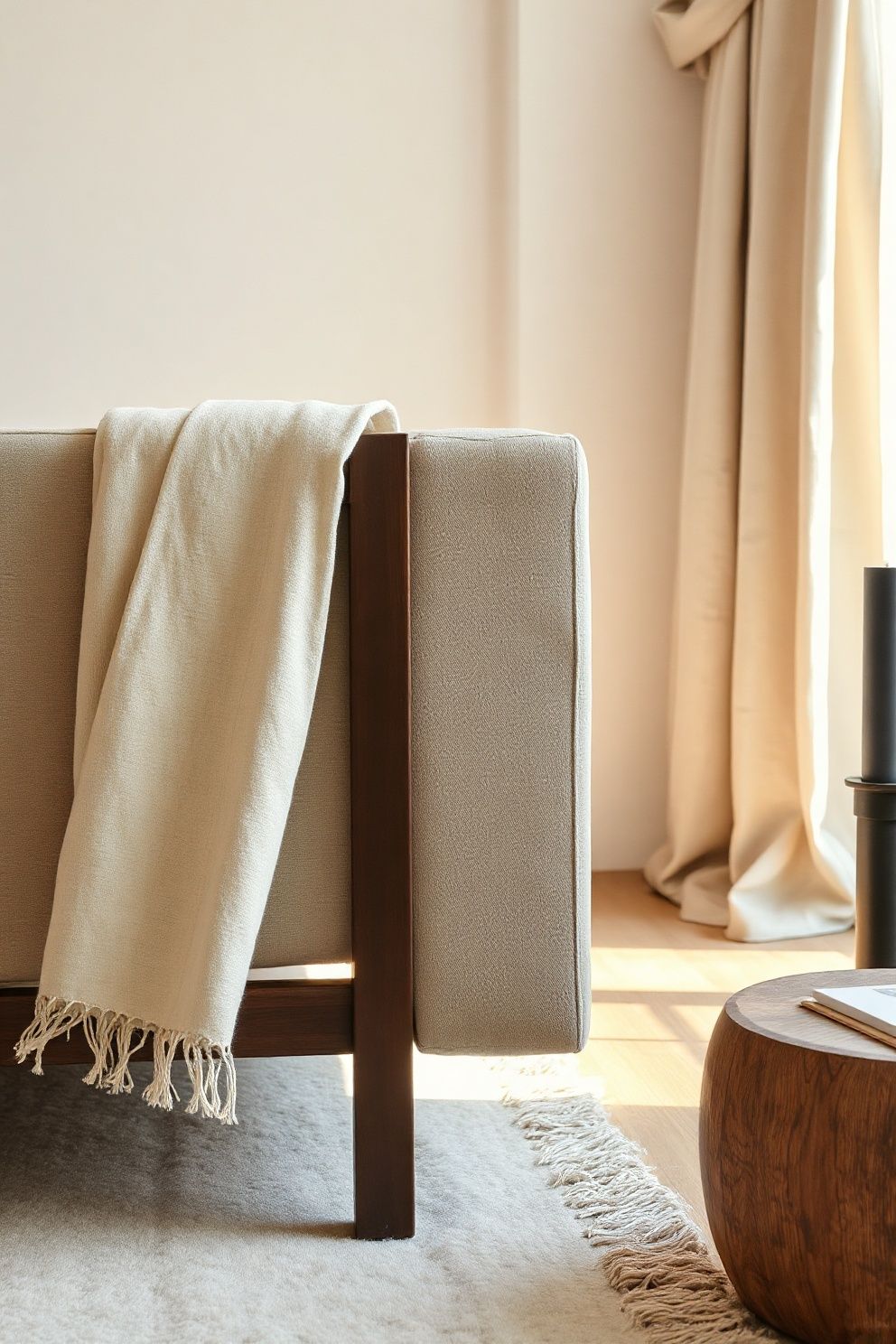 A Loose-Weave Linen Throw Draped Over One Sofa Arm Only – japandi — living room japandi — living room decor · 18 Cozy Japandi Living Room Ideas That Feel Like a Warm Hug