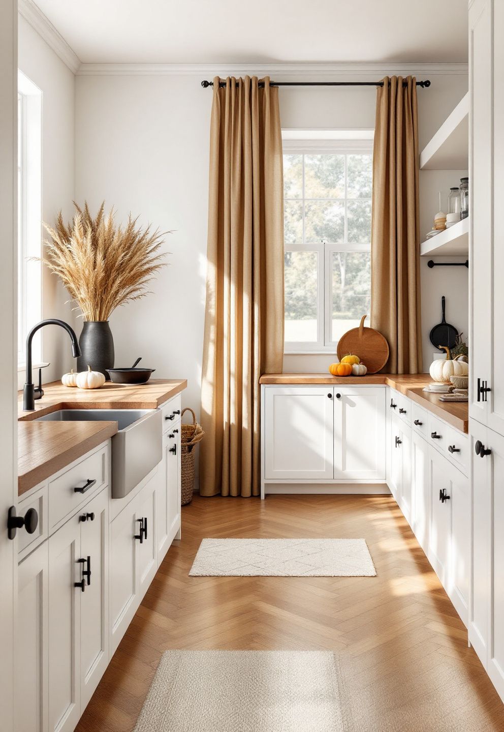 Warm Wood Countertop and Black Hardware Against White Cabinets – seasonal — fall seasonal — fall decor · Fall Kitchen Decor Ideas: 14 Warm Autumn Touches That Make Cooking Feel Seasonal