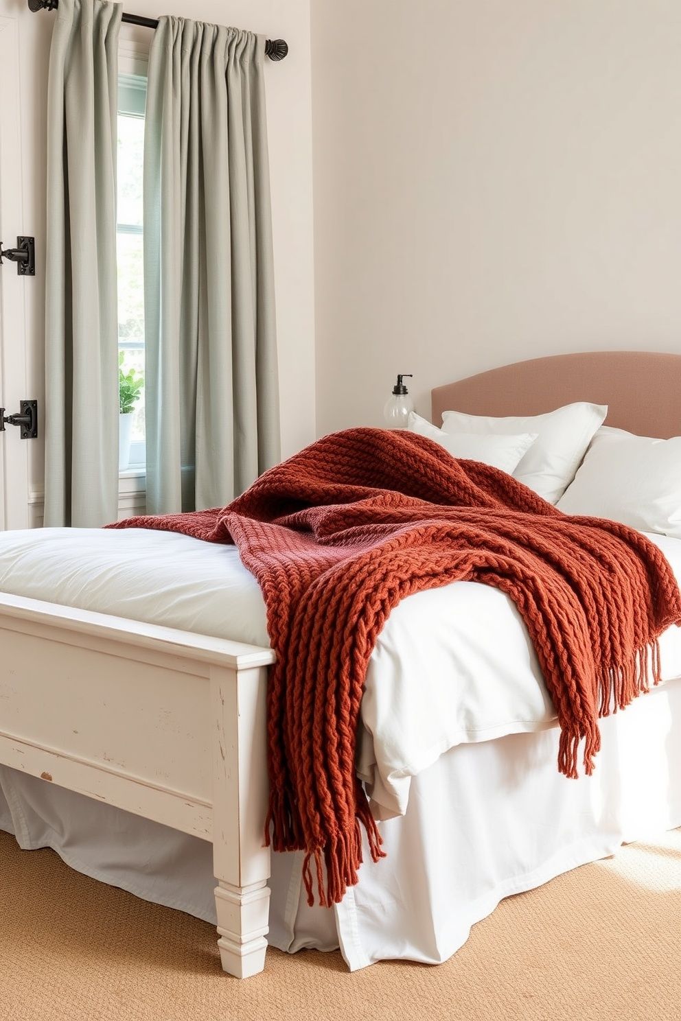 Terracotta Knit Throw Grounding a Pale Blush and White Bed – coastal — bedroom coastal — bedroom decor · Pink Coastal Bedroom: 16 Fresh Feminine Designs That Feel Like a Permanent Holiday