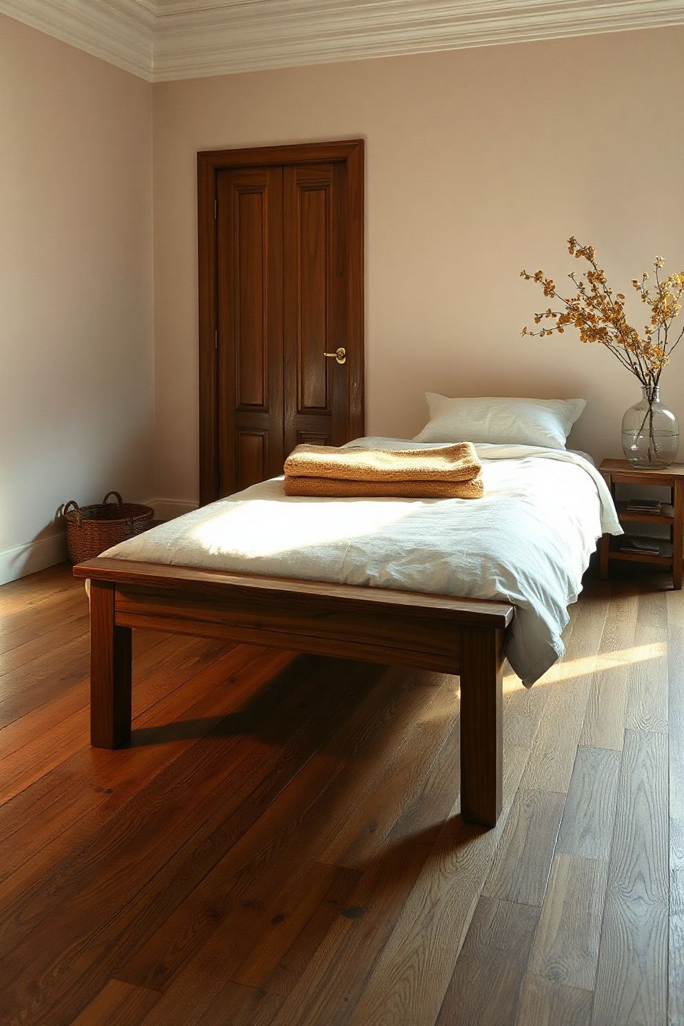 Idea 14: Use a Low Wooden Bench at the Foot of the Bed – Japandi bedroom · 21 Japandi Bedroom Ideas That Will Make You Never Want to Leave
