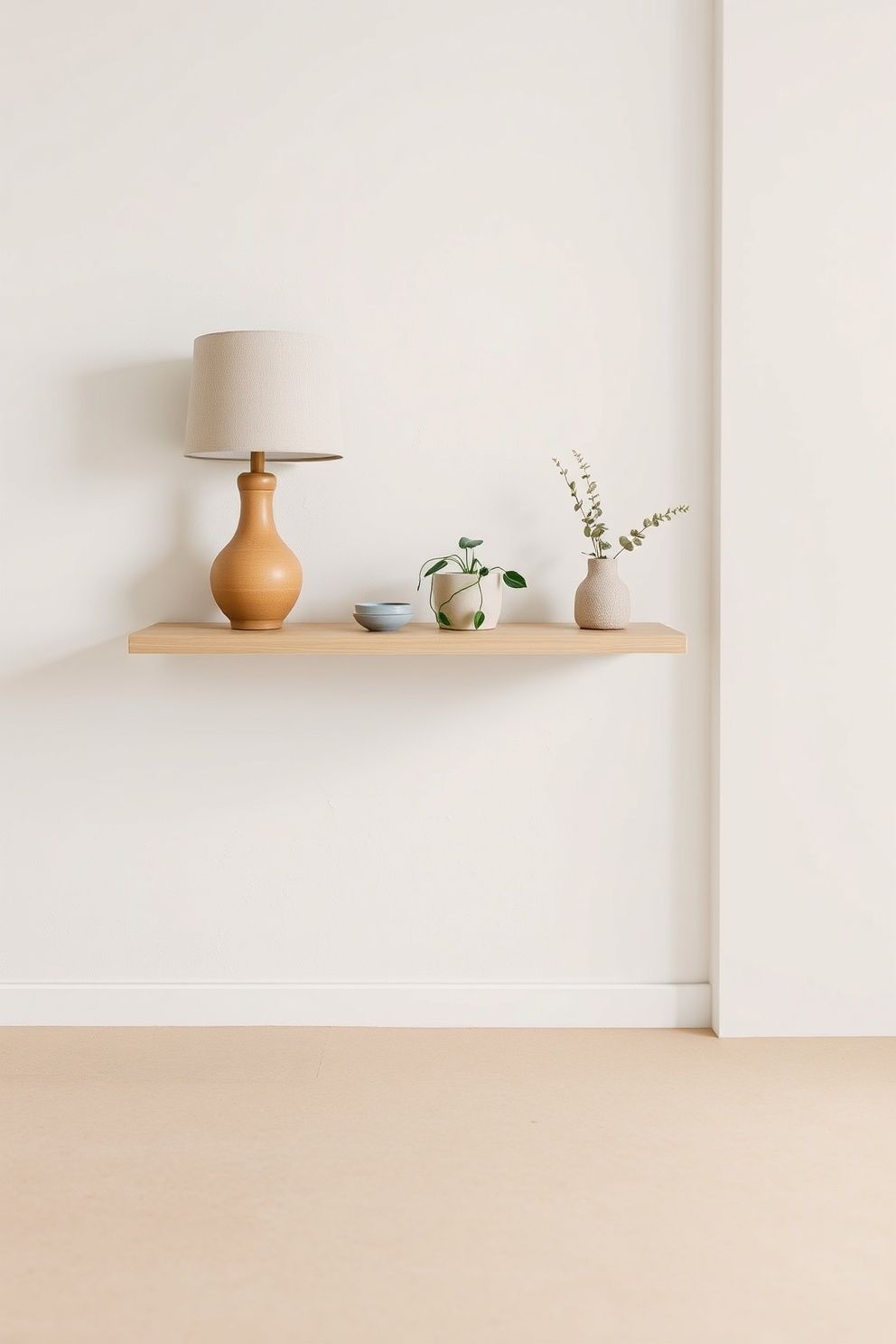 A Single Floating Ash Shelf at Eye Level Replaces a Bulky Console – japandi — living room japandi — living room decor · 12 Small Japandi Living Room Ideas That Make Any Space Feel Bigger