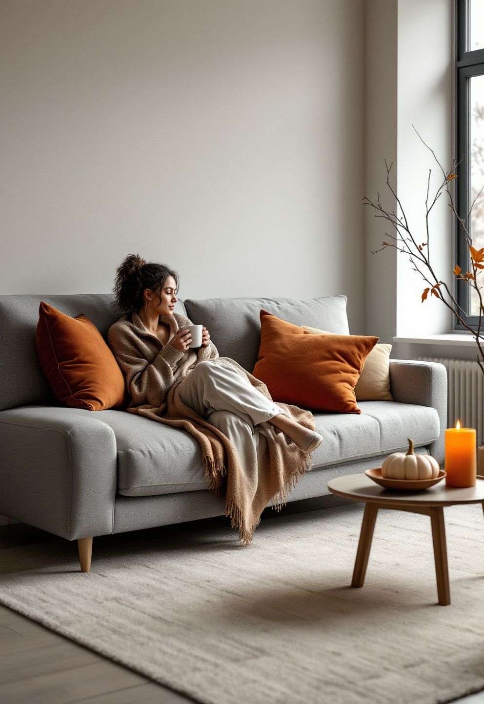 Fall Living Room Grey Couch and Blue Couch: The Warm-Accent Contrast Formula – seasonal — fall seasonal — fall decor · Fall Living Room Decor: 16 Cozy Warm Designs That Embrace the Season Beautifully