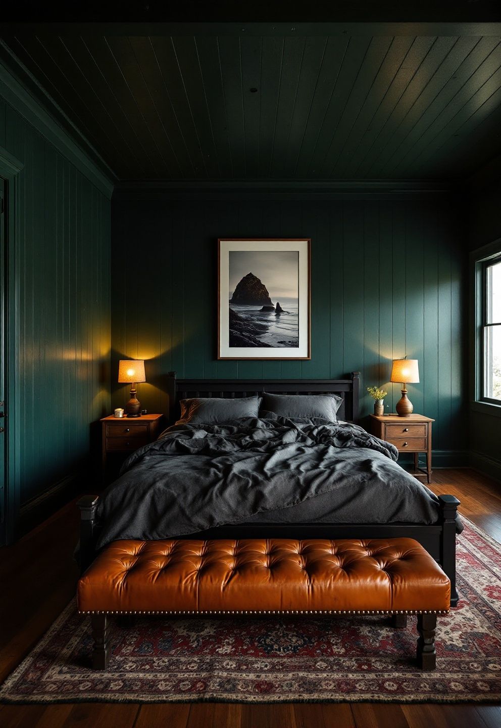 Deep Forest Green Panelled Walls, Worn Leather Bench, and Sea-Stack Prints as the Only Colour – coastal — bedroom coastal — bedroom decor · California Coastal Bedroom: 14 Laid-Back Golden State Designs That Feel Like Permanent Summer