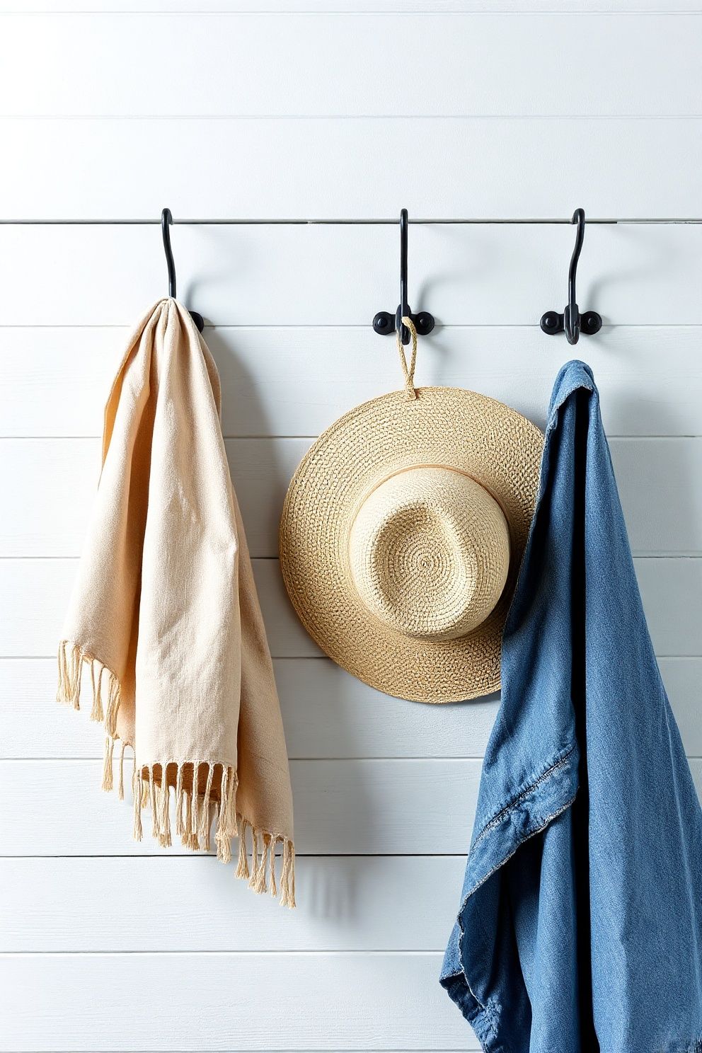 Vintage Iron Hooks on Shiplap for Hanging Linen Throws and Sun Hats – coastal — bedroom coastal — bedroom decor · Coastal Farmhouse Bedroom: 14 Designs Where Rustic Wood Meets the Shore