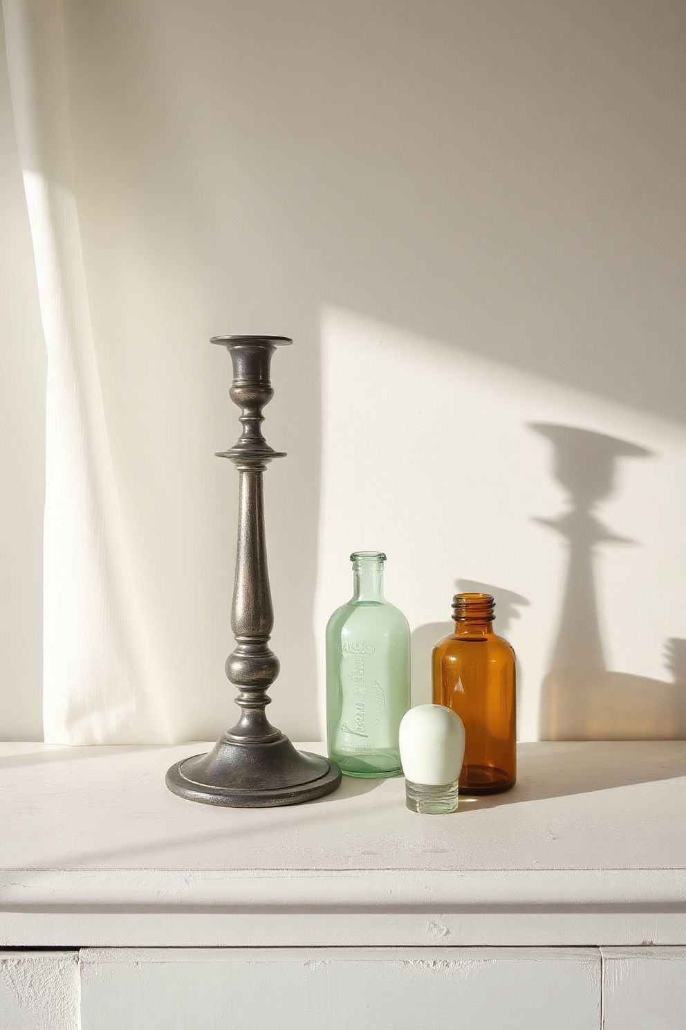 Tarnished Silver Candlesticks Grouped With Old Glass Bottles on a Distressed Dresser Top – coastal — bedroom coastal — bedroom decor · Coastal Vintage Bedroom: 14 Timeworn Designs Full of Faded Beauty and Soul