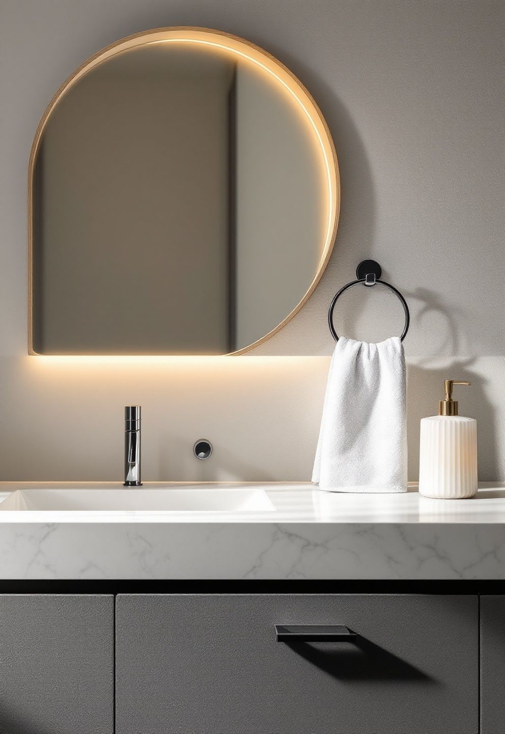 Shared DNA: Curved Mirrors, Fluted Glass & Chrome in Both Worlds – japandi — bathroom japandi — bathroom decor · The Ultimate Japandi Bathroom Guide: Spa Ideas Decor and Styling
