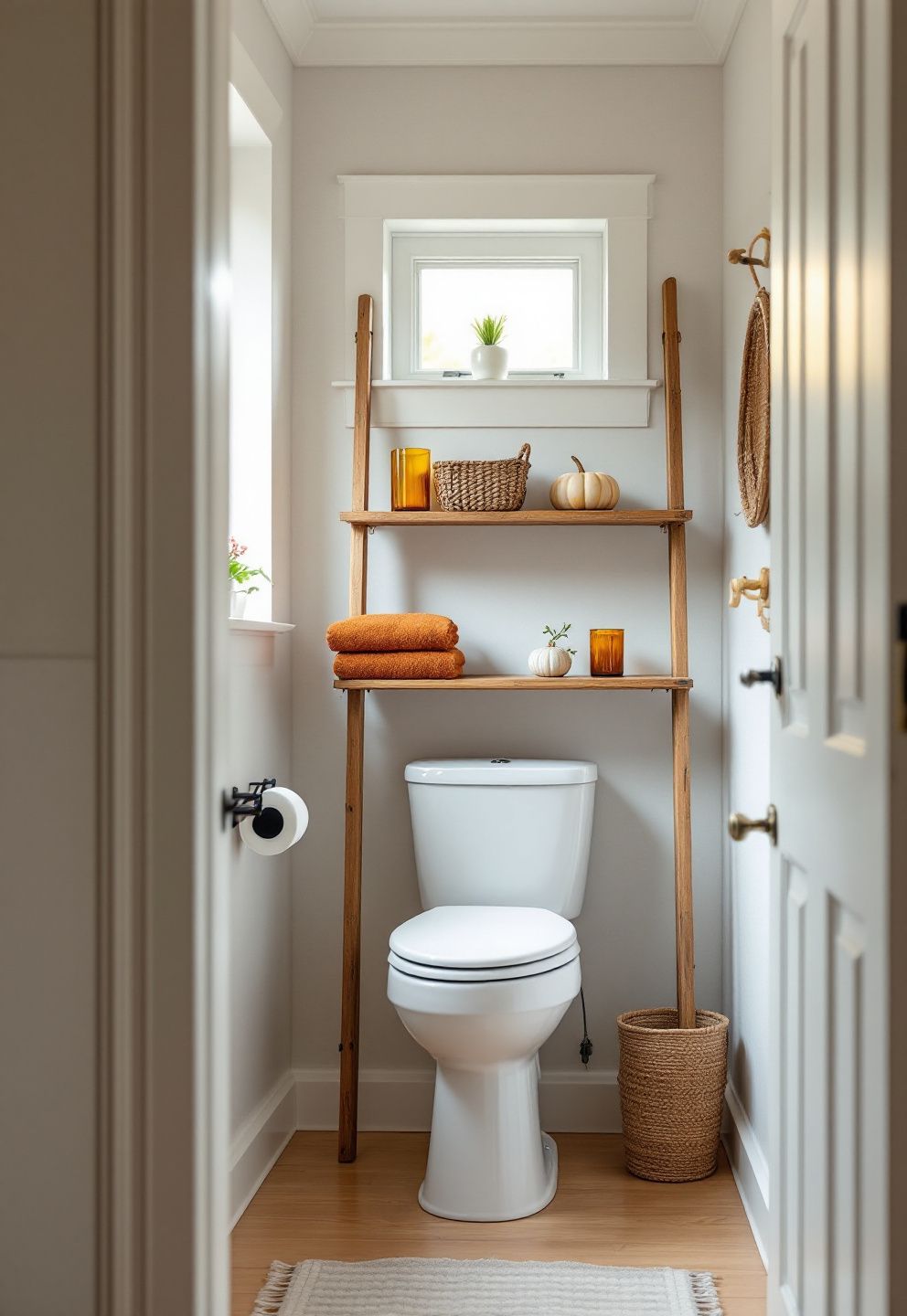 The Over-Toilet Ladder Shelf: Four Rungs, Four Fall Objects, Zero Counter Space Required – seasonal — fall seasonal — fall decor · Fall Bathroom Decor: 16 Cozy Autumn Touches That Transform the Most Private Room