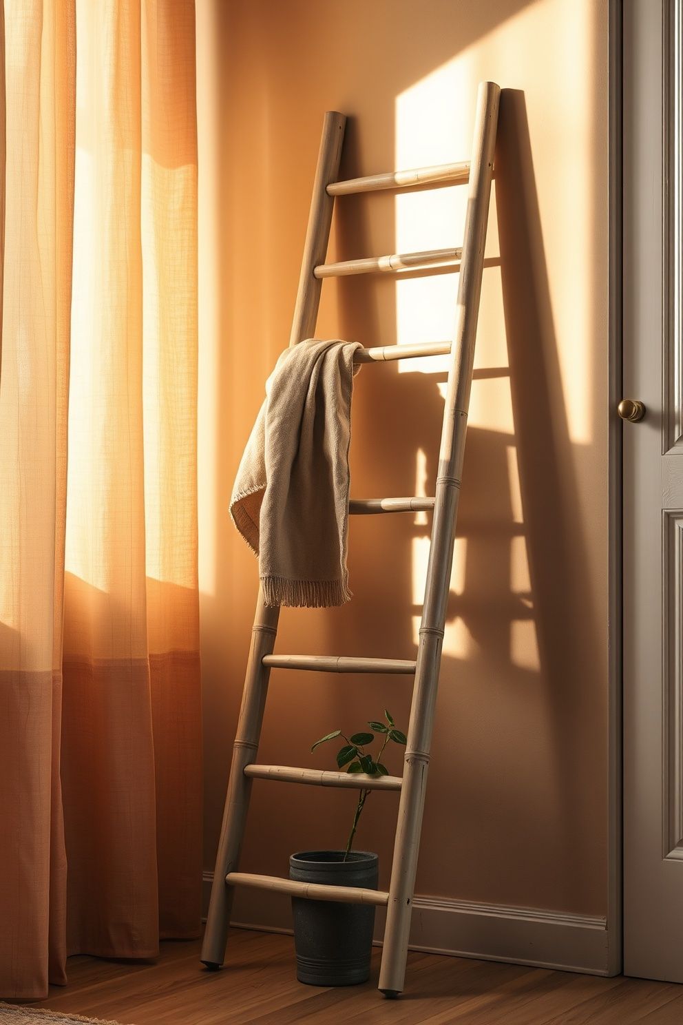 Freestanding Bamboo Ladder as Open Shelf and Textile Display – japandi — living room japandi — living room decor · Japandi Living Room Hacks DIY and Storage: The Complete Resource