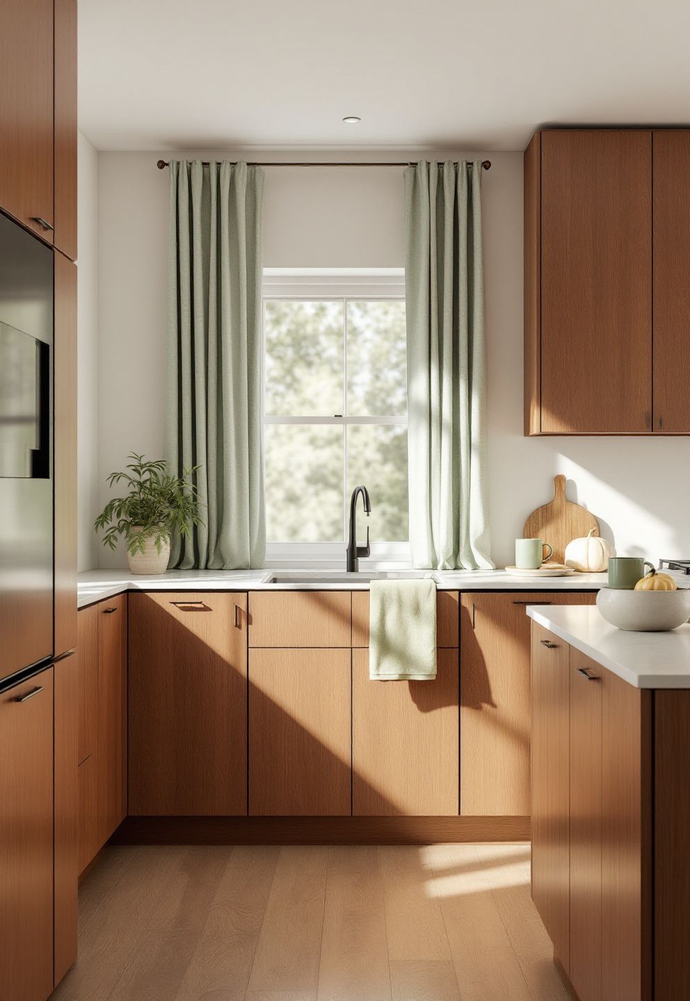 Sage and Olive Textiles Against Brown Cabinets – seasonal — fall seasonal — fall decor · Fall Kitchen Decor Ideas: 14 Warm Autumn Touches That Make Cooking Feel Seasonal