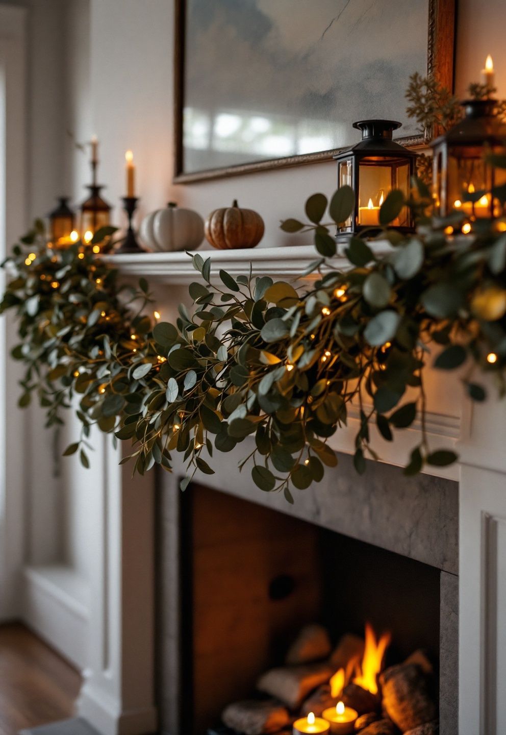 A Neutral Garland Base With Warm Amber Lantern Light – seasonal — spring + other seasonal — spring + other decor · Halloween Mantel Decor: 14 Spooky Fireplace Styling Ideas From Subtle to Scary