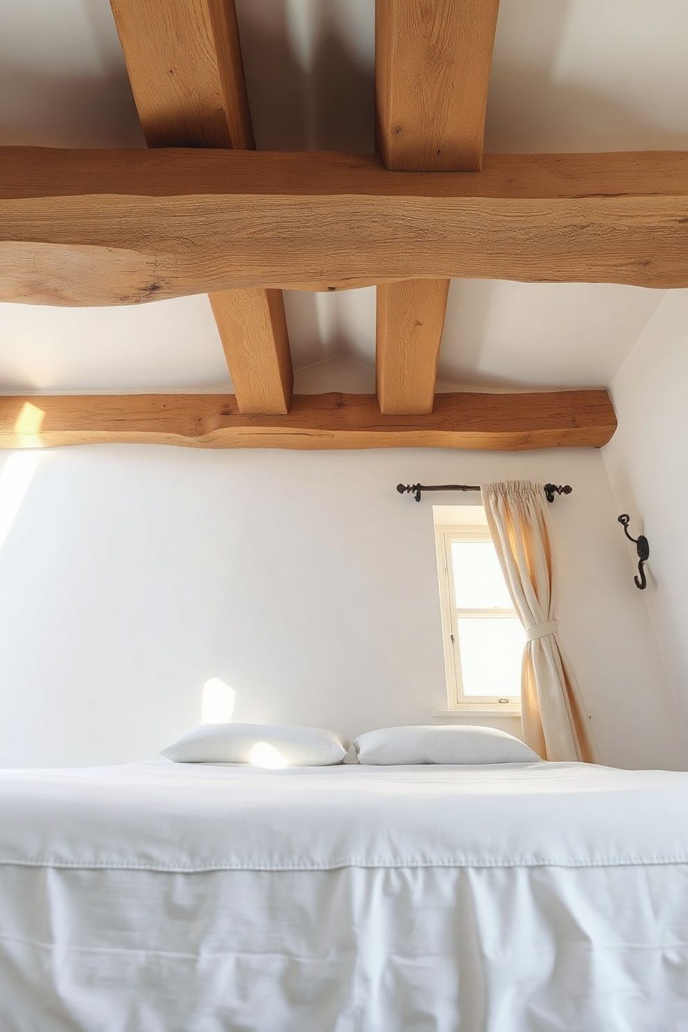 Exposed Ceiling Beams in Bleached Oak Over an All-Linen White Bed – coastal — bedroom coastal — bedroom decor · Coastal Farmhouse Bedroom: 14 Designs Where Rustic Wood Meets the Shore