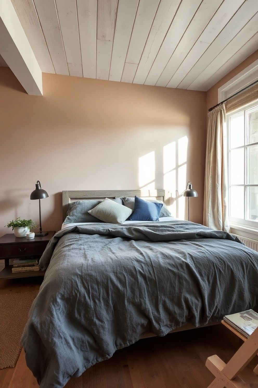 Warm Putty Walls With Bleached Plank Ceiling and Faded Slate Blue Bedding – coastal — bedroom coastal — bedroom decor · Coastal Farmhouse Bedroom: 14 Designs Where Rustic Wood Meets the Shore