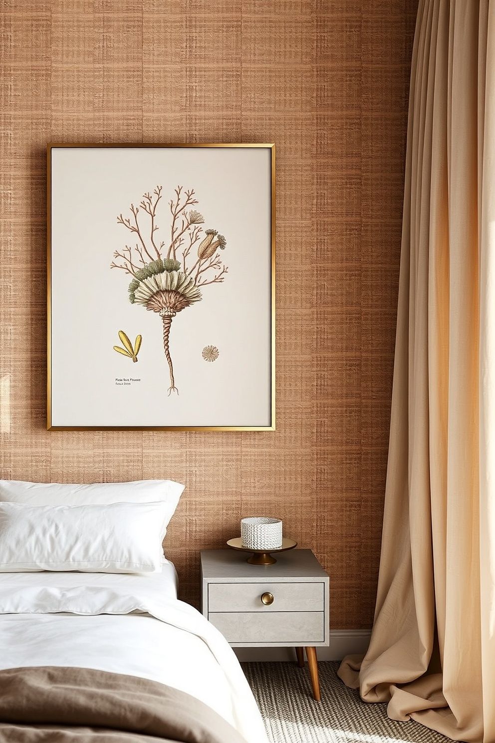Oversized Botanical Sea-Life Illustration on Linen Canvas in Antique Brass Frame – coastal — bedroom coastal — bedroom decor · Coastal Chic Bedroom: 14 Elegant Designs for a Luxury Beach House Feeling