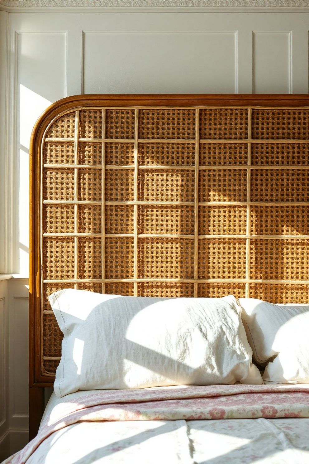 Aged Cane Headboard With Loosened Weave and Honey-Darkened Frame – coastal — bedroom coastal — bedroom decor · Coastal Vintage Bedroom: 14 Timeworn Designs Full of Faded Beauty and Soul