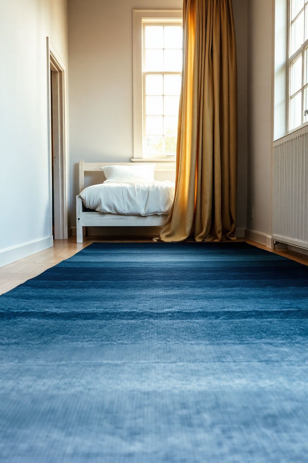 Blue Woven Rug That Graduates From Deep to Pale Across the Floor