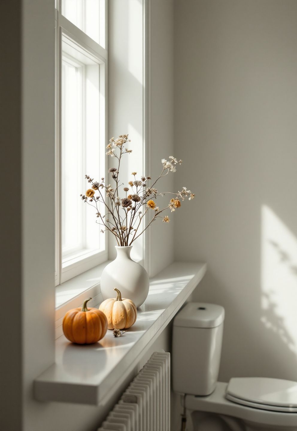 What Wilts in a Week: Real Pumpkins, Fresh Flowers, Untreated Paper, and Bare Rattan Near the Shower – seasonal — fall seasonal — fall decor · Fall Bathroom Decor: 16 Cozy Autumn Touches That Transform the Most Private Room