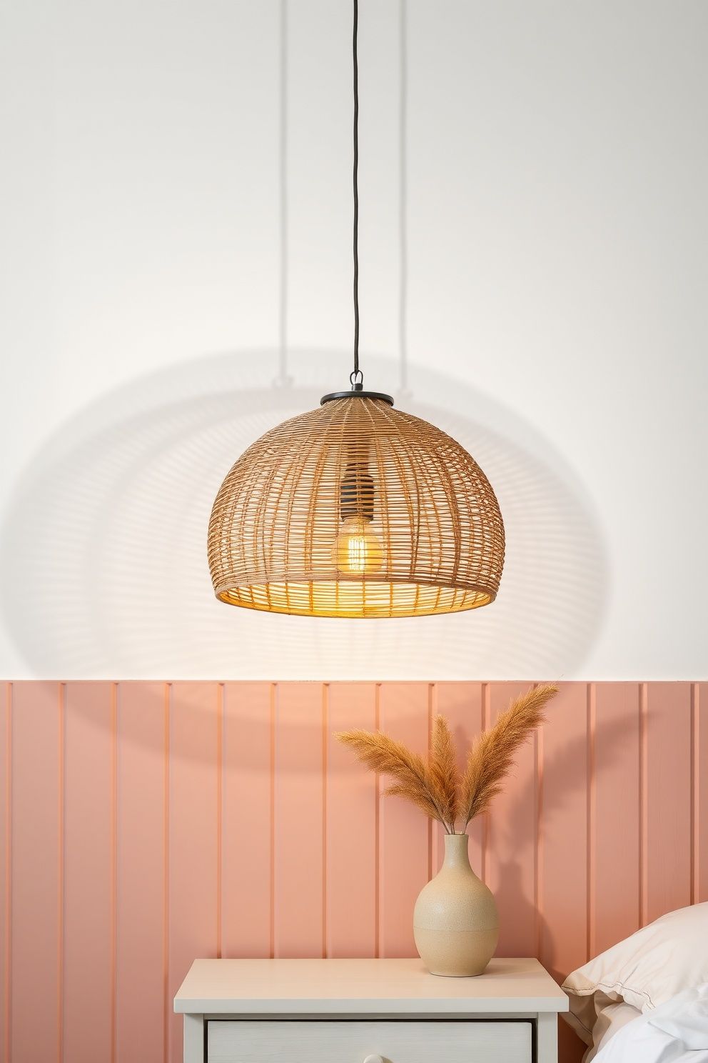Woven Rattan Dome Pendant With a Warm Edison Bulb Over the Bedside – coastal — bedroom coastal — bedroom decor · Pink Coastal Bedroom: 16 Fresh Feminine Designs That Feel Like a Permanent Holiday