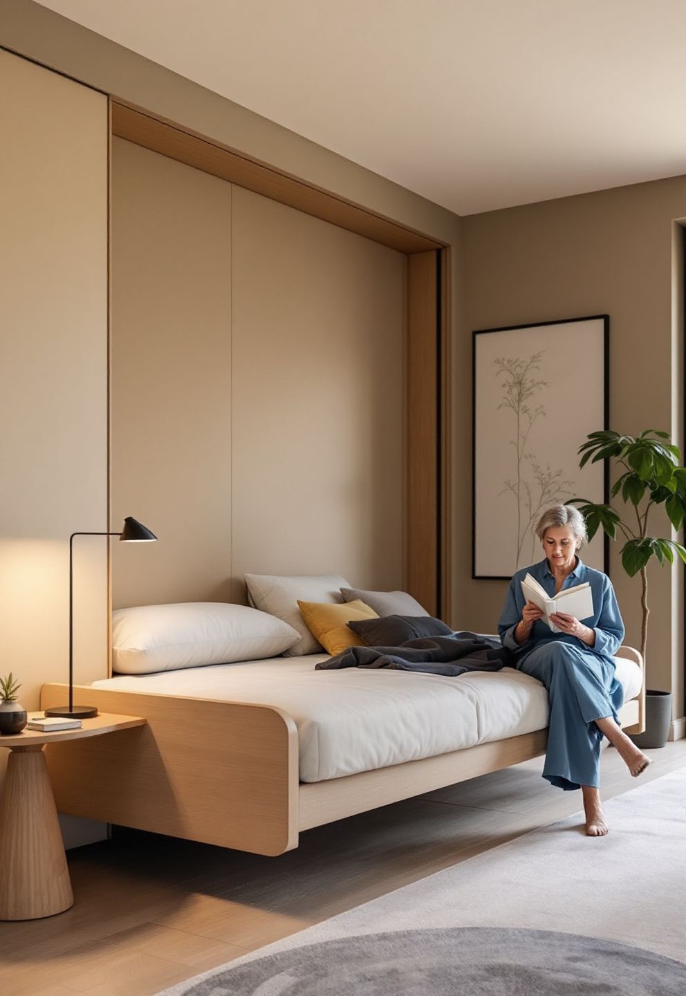 A Wall-Folding Daybed Panel That Disappears When Not Hosting a Guest on Warm Greige – japandi — bedroom japandi — bedroom decor · 13 Small Japandi Bedroom Ideas That Feel Spacious and Serene