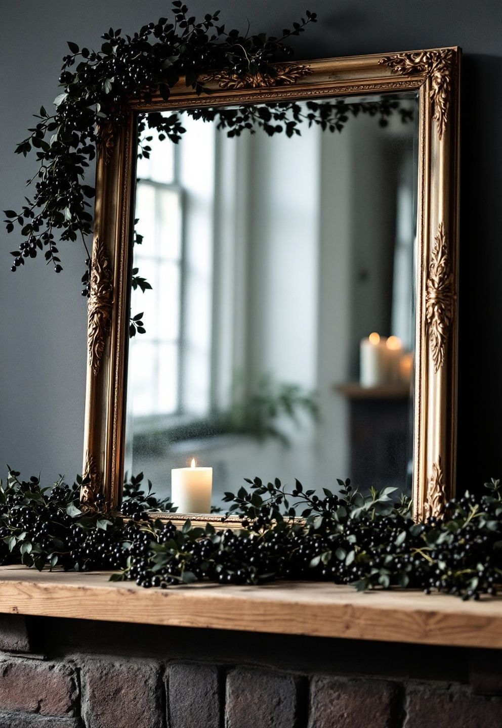 An Antique or Thrifted Mirror Framed in Rich Fall Garland – seasonal — spring + other seasonal — spring + other decor · Halloween Mantel Decor: 14 Spooky Fireplace Styling Ideas From Subtle to Scary