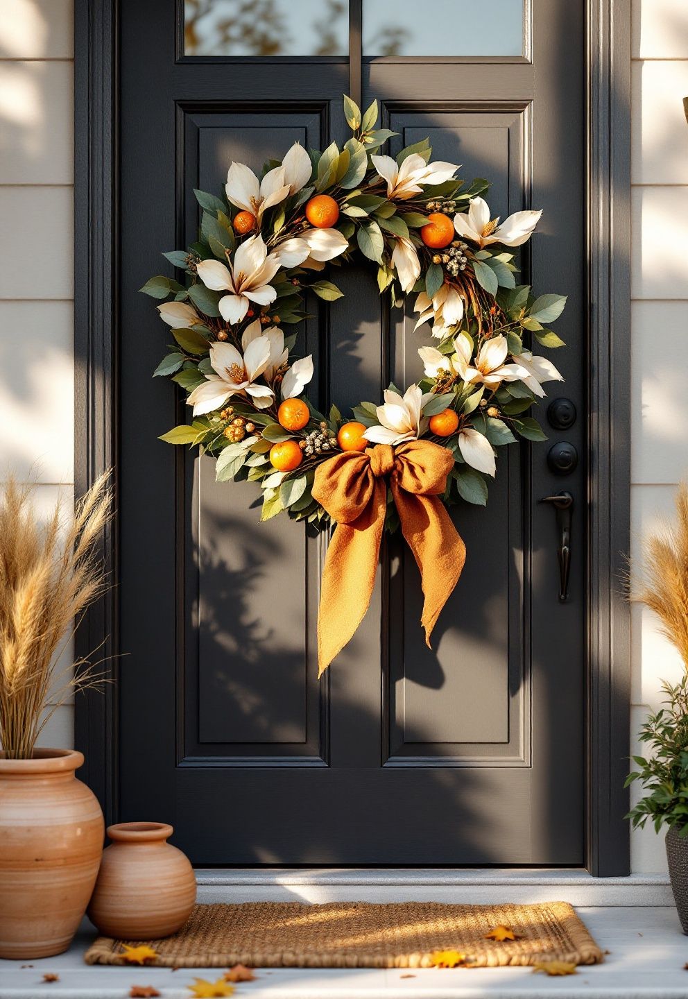 Layered Wreath and Sash Styling for a Thanksgiving Front Door – seasonal — fall seasonal — fall decor · Thanksgiving Home Decor: 18 Warm Beautiful Designs to Celebrate the Season