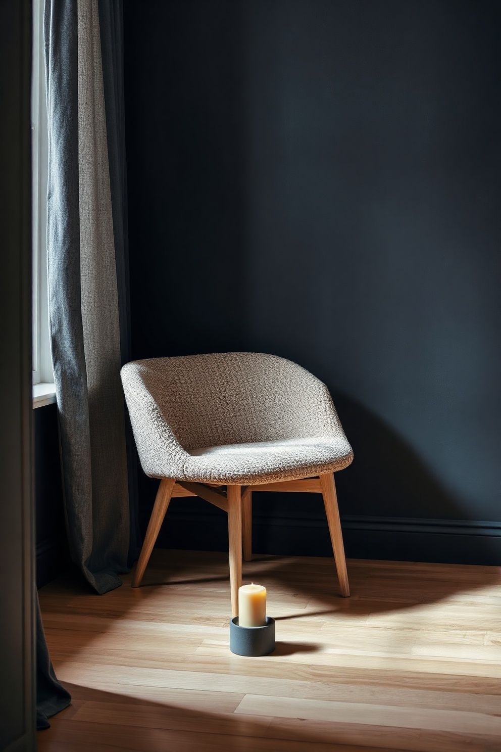 A Boucle Armchair Angled Into the Corner With a Candle at Its Foot – japandi — living room japandi — living room decor · 18 Cozy Japandi Living Room Ideas That Feel Like a Warm Hug