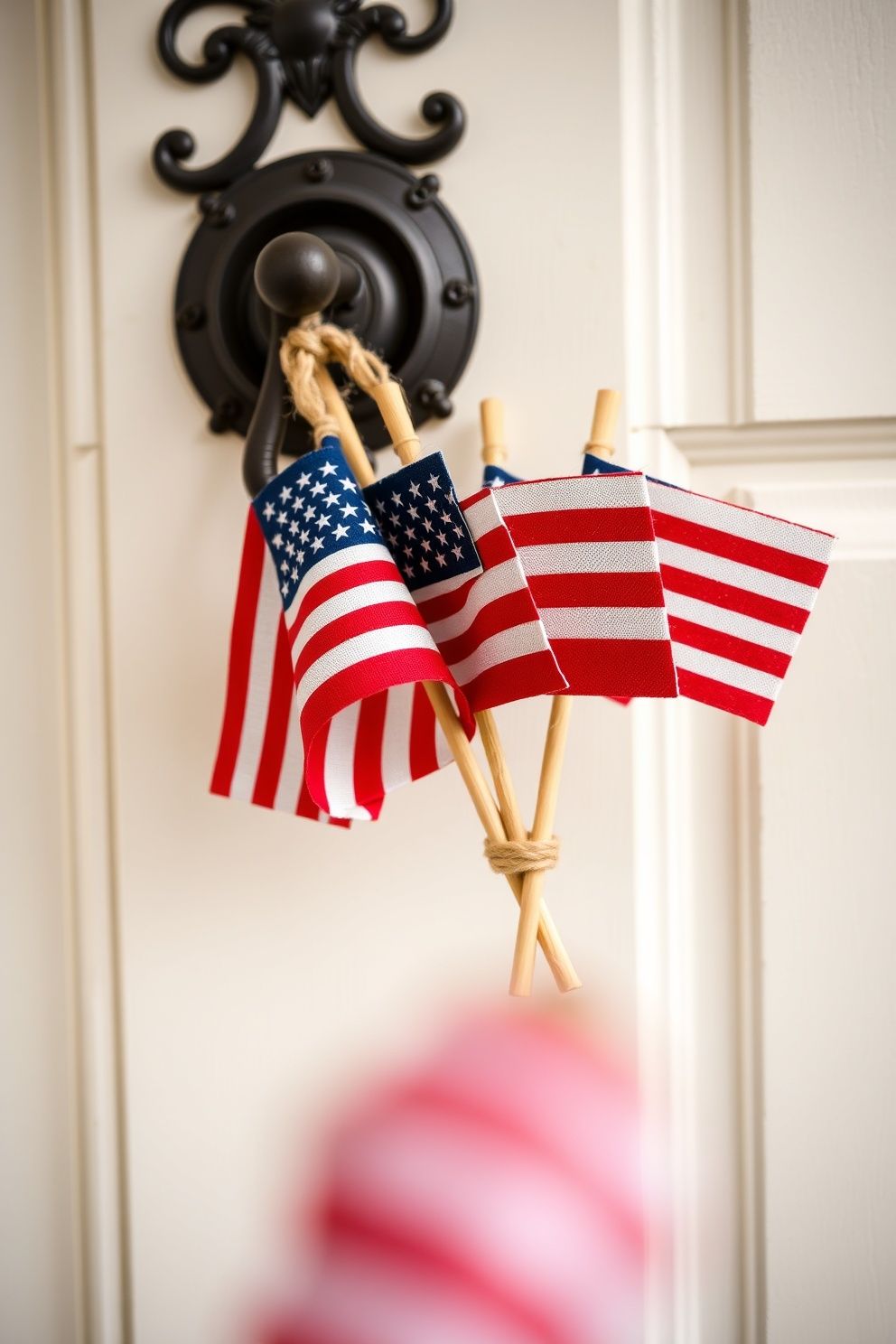 Mini Flag Cluster Tied to Door Knocker or Handle With Twine – seasonal — spring + other seasonal — spring + other decor · 4th of July Porch Decor: 14 Festive Front Door Designs for Independence Day