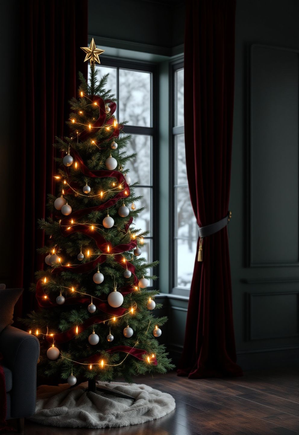 Moody Christmas Tree: Deep Green, Burgundy Ribbon, No Cool-Toned Light – seasonal — christmas + winter seasonal — christmas + winter decor · Indoor Christmas Decorations: 18 Elegant Ideas for a Beautiful Festive Home